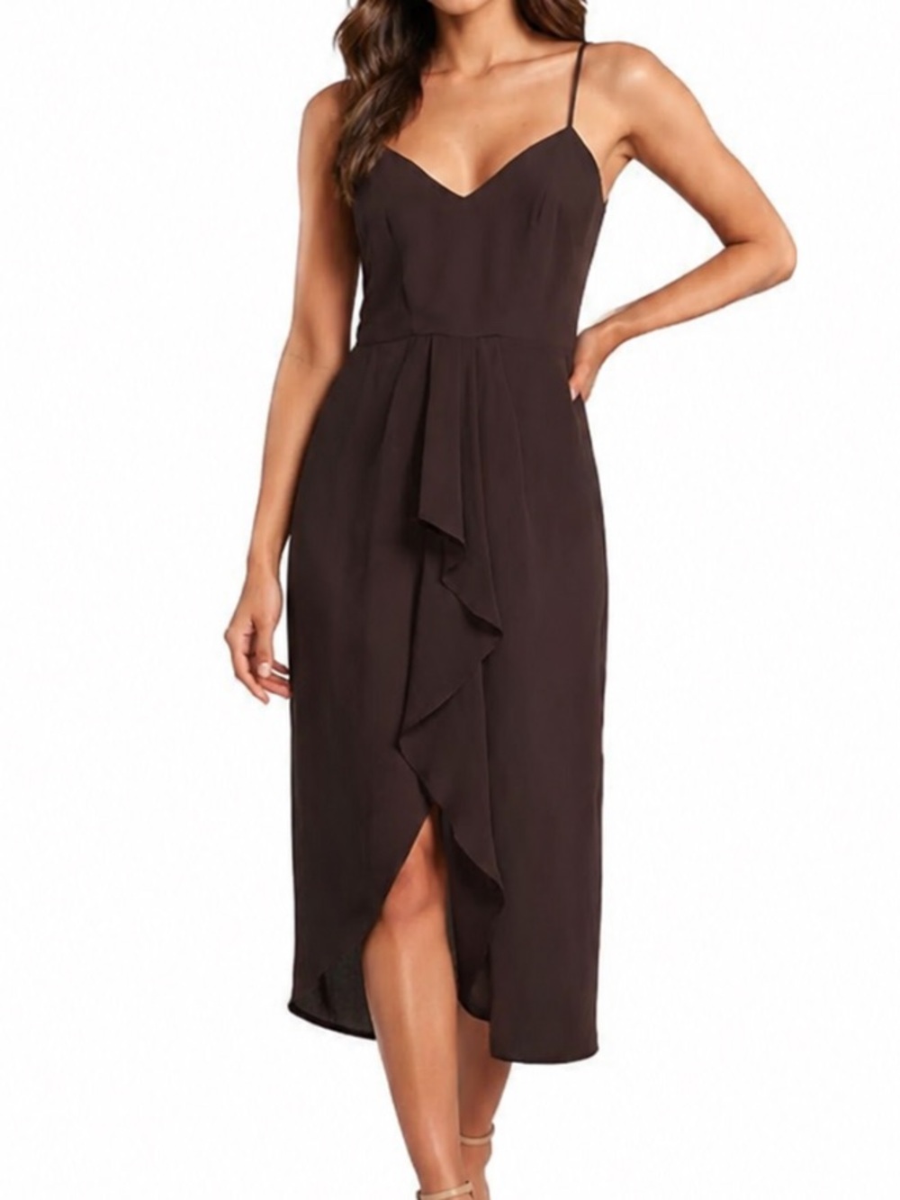 Gianni Bini Monique Asymmetrical Spaghetti Strap Midi Dress - Chocolate